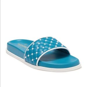 NWT Valentino Leather Rockstud Quilted Slides/Sandals Cerulean Blue